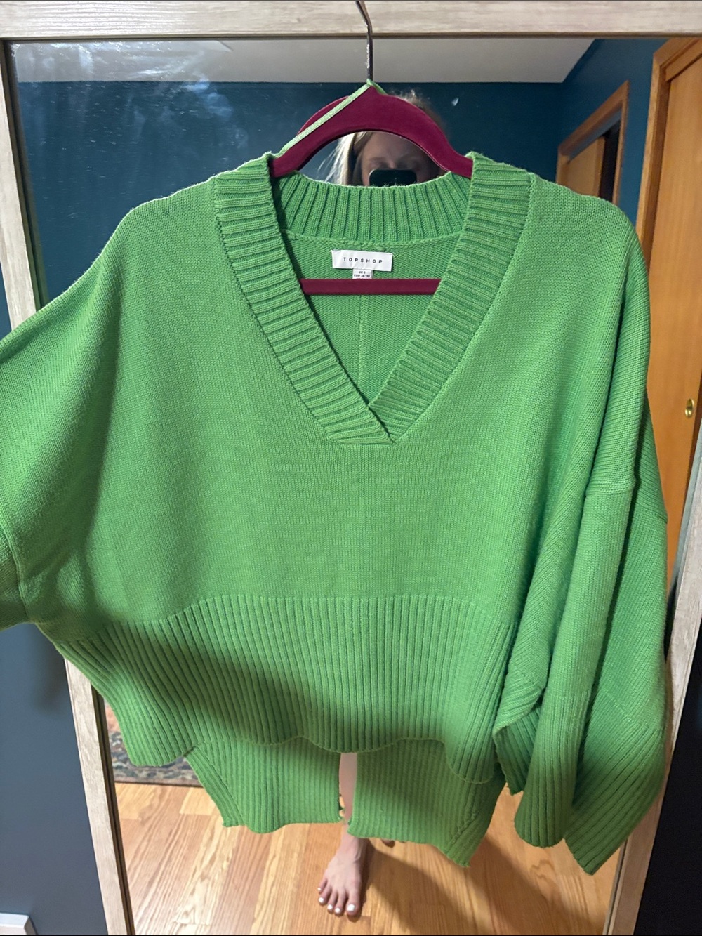 Topshop Bright Green V-Neck Oversized Ribbed Sweater